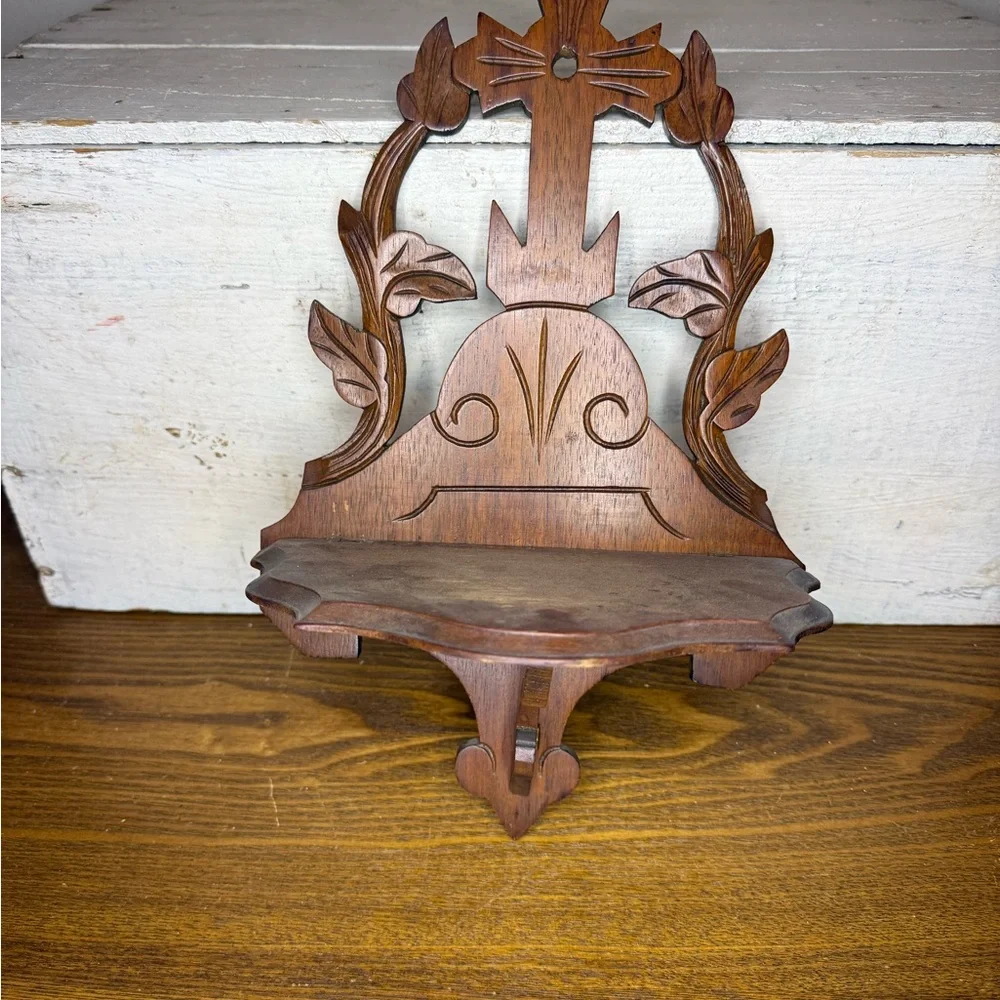 Vintage Victorian Style Scroll Wood Folding Wall Shelf Ornate primitive, distres